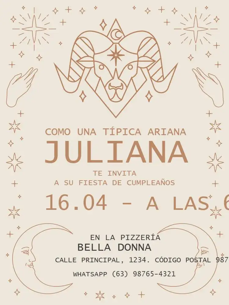 Invitación Signos Aries Estrella – tema Cumpleaños Infantil místico, delicado, claro, beige, estrellas, zodíaco