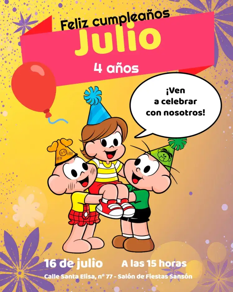 Invitación Fiesta de la Turma Da Mônica – tema Cumpleaños Infantil colorido, divertido, infantil, temático, festivo, ilustrativo