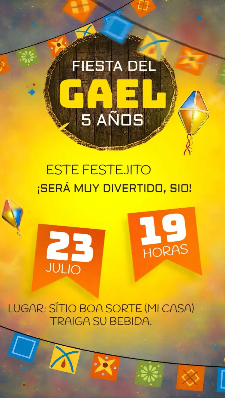 Invitación Fiesta Infantil de San Juan Arraiá – tema Fechas Conmemorativas colorido, junino, divertido, festivo, vintage, rústico