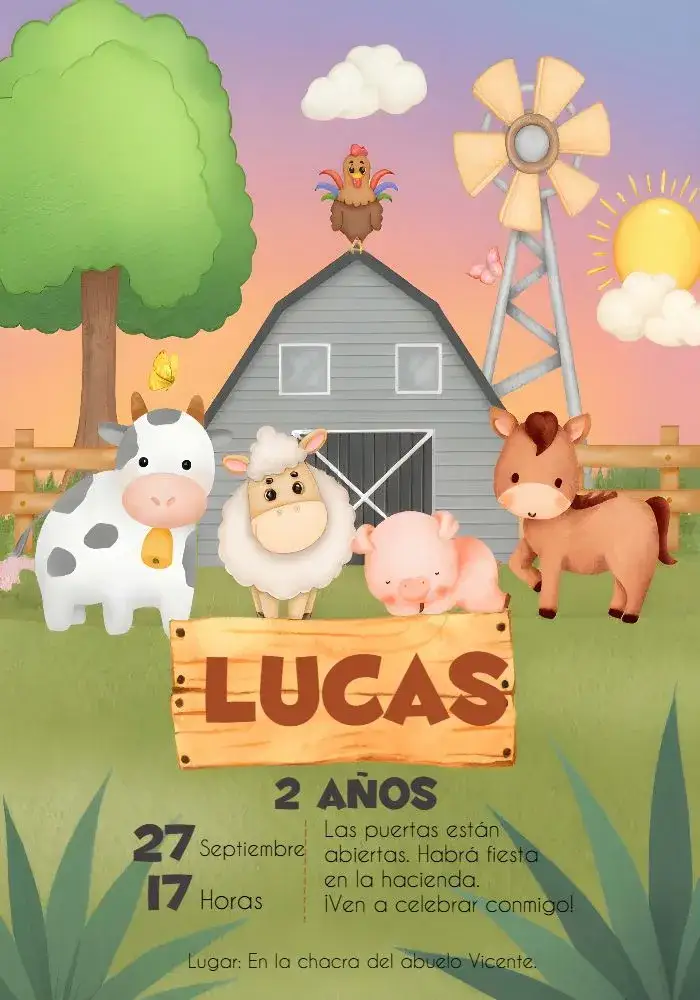 Invitación Granja de Madera – tema Más buscados rural, colorido, divertido, animales, madera, granero
