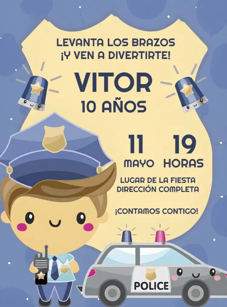 Invitación Policía Patrulla – tema Más buscados moderno, divertido, colorido, temático, jovial