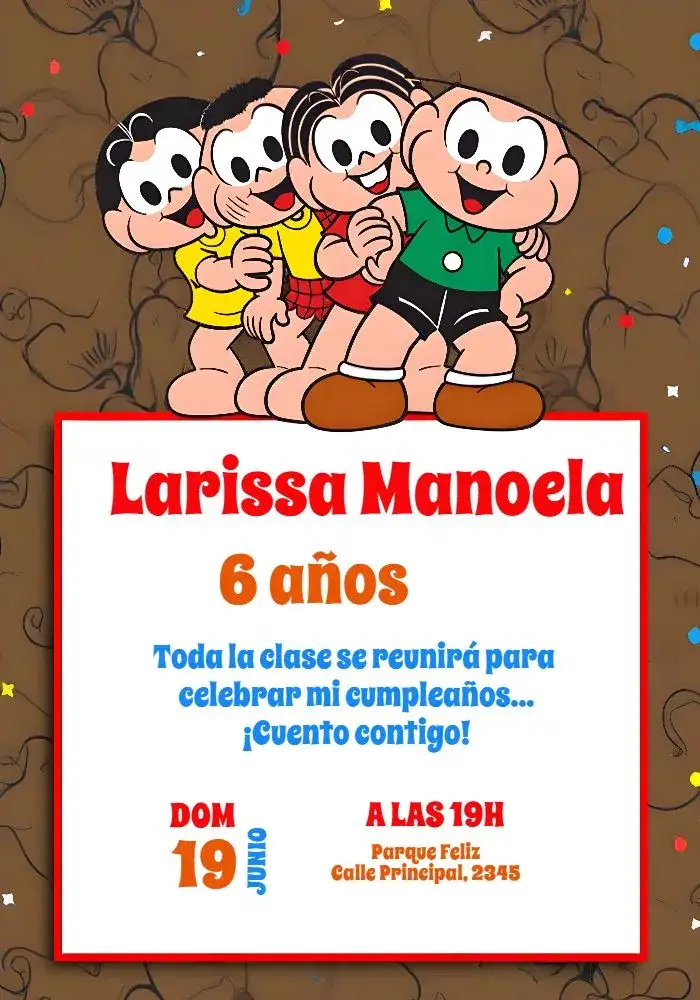 Invitación Turma Da Mónica Criança – tema Cumpleaños Infantil colorido, divertido, ilustraciones de Mónica, infantil, juguetón