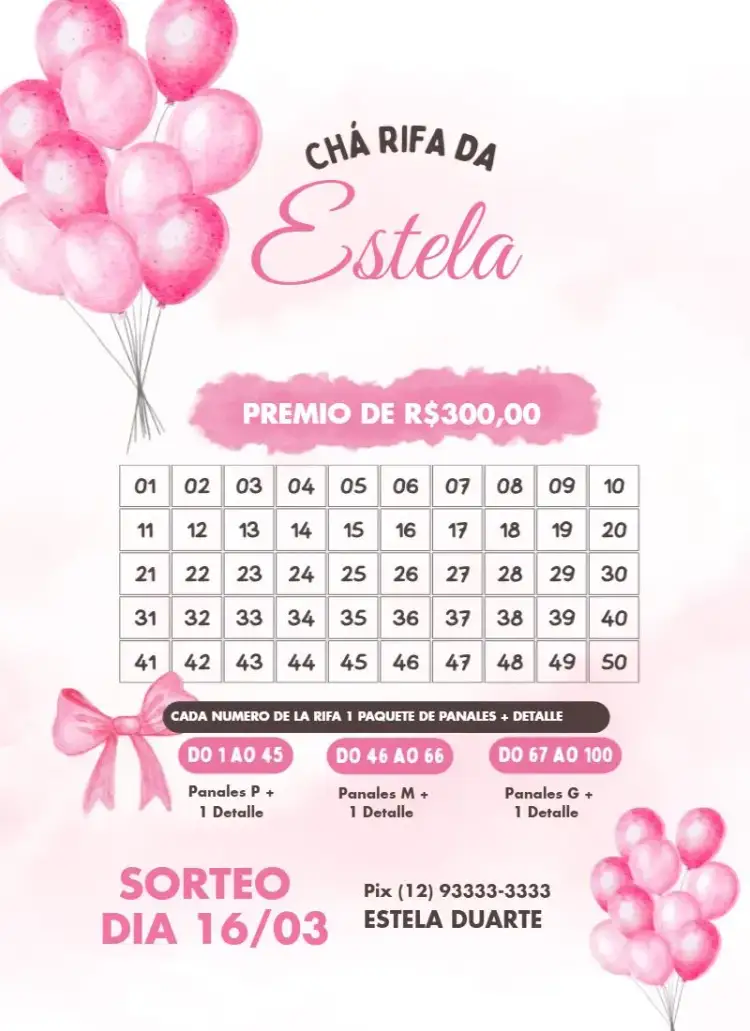 Invitación Globos Rosados – tema Té Rifa delicado, rosa, globos, infantil, femenino