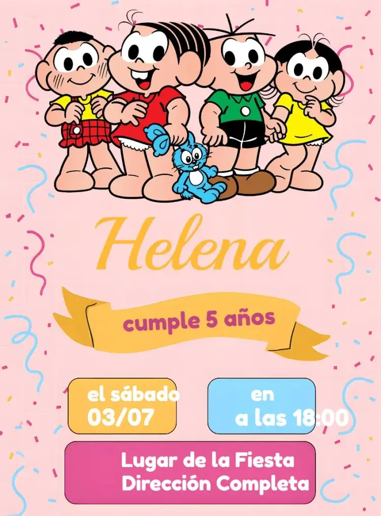 Invitación Turma De Mónica Souza – tema Cumpleaños Infantil colorido, divertido, infantil, vibrante, temático, ilustrativo