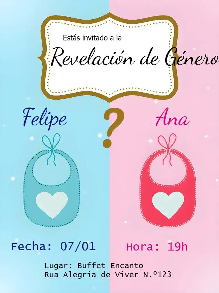 Invitación Chá de Revelación Baberos Marco – tema Revelación Bebé colorido, juguetón, moderno, lúdico, azul y rosa