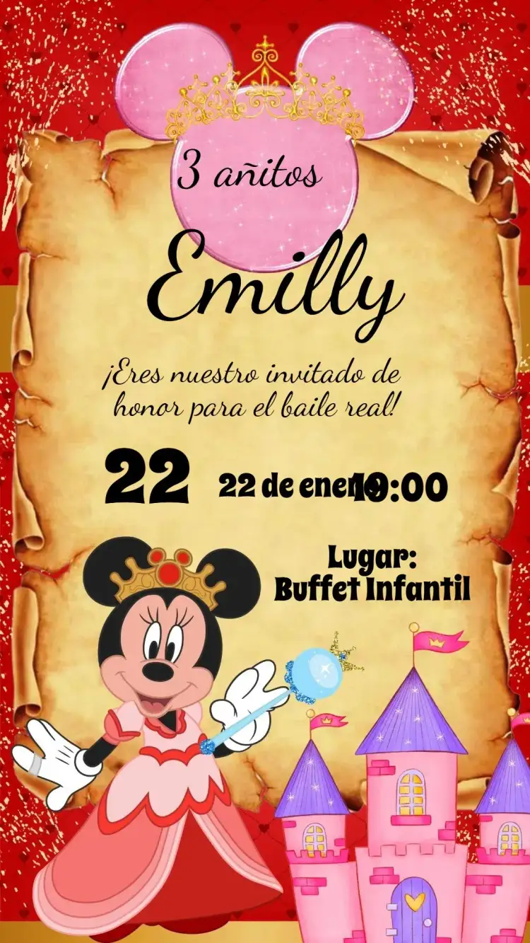 Invitación Minnie Realeza – tema Cumpleaños Infantil colorido, divertido, temático, mágico, Disney, alegre