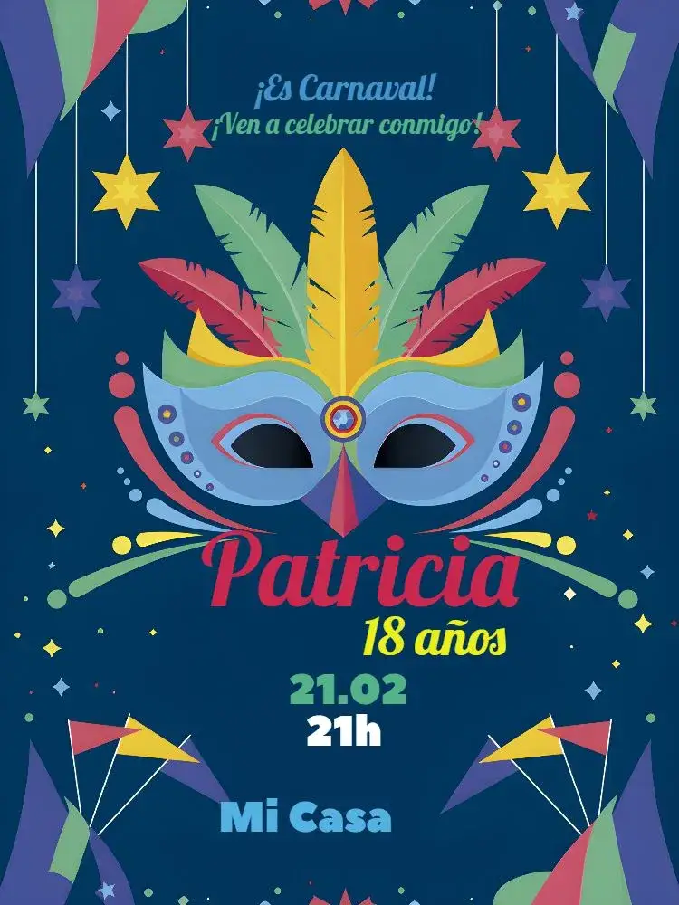 Invitación Carnaval Baile De Máscara Máscaras – tema Fechas Conmemorativas colorido, vibrante, elegante, alegórico, artístico, festivo