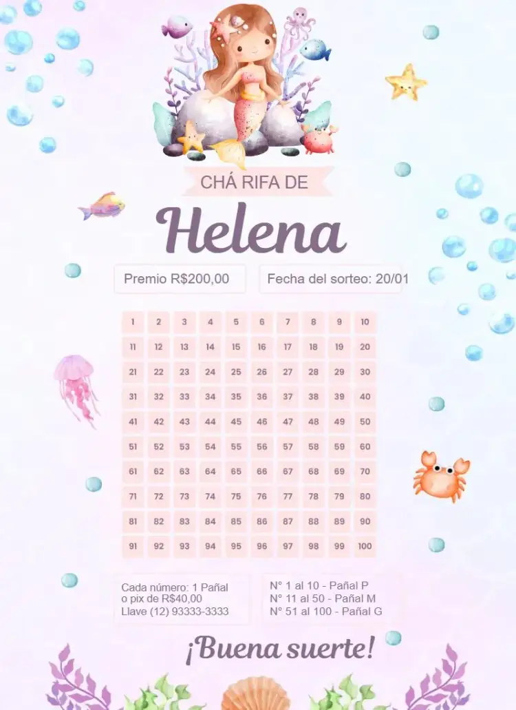 Invitación Sirena Rosa y Lila – tema Té Rifa delicado, fondo marino, rosa y lila, infantil, fantasía, soñador