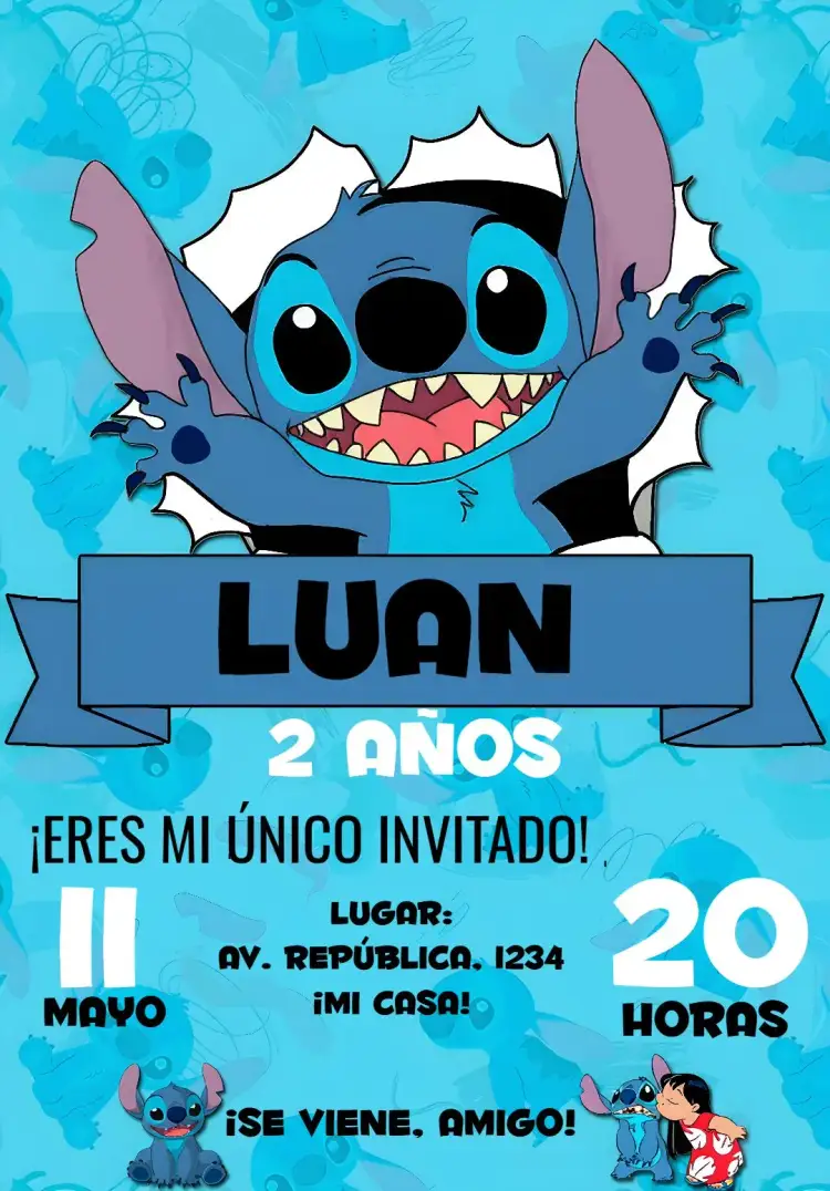 Invitación Lilo & Stitch – tema Más buscados azul, tema de Disney, divertido, colorido, infantil