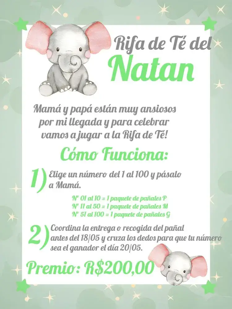 Invitación Chá Rifa Elefantinho Cha – tema Té Rifa infantil, verde y blanco, elefante, festivo, divertido