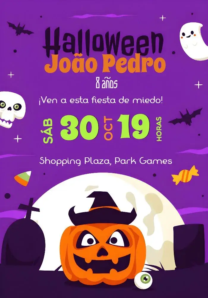Invitación Halloween Infantil – tema Fechas Conmemorativas colores oscuros, fantasía, elementos gráficos de Halloween, estilo divertido, ilustraciones de brujas, diseño colorido