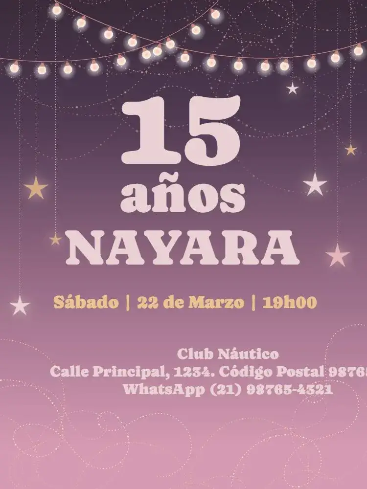 Invitación De 15 Anos Romántica Celebración – tema 15 años romántico, oscuro, morado, noche, estrellas, luces