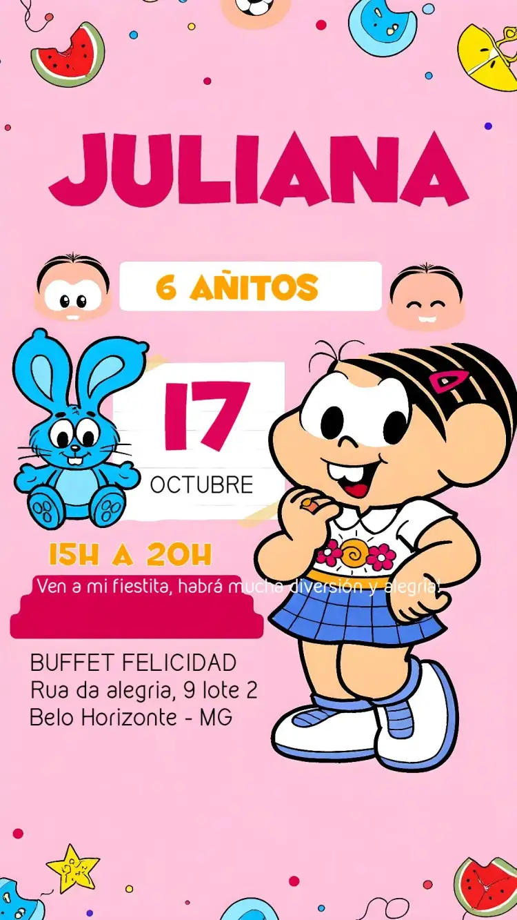 Invitación Turma Da Mônica Rosa – tema Cumpleaños Infantil rosa, divertido, colorido, ilustraciones, infantil, temática