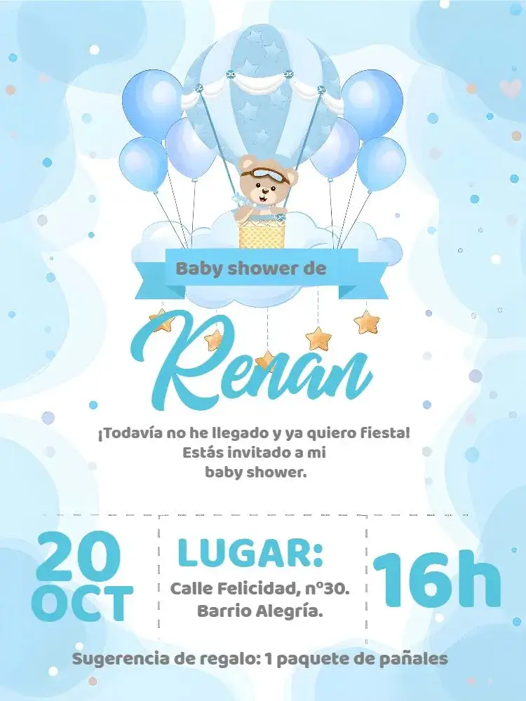 Invitación Baby Shower Osito Globos Aerostáticos Nube – tema Baby Shower azul, blanco, tierno, nubes, globos, osito