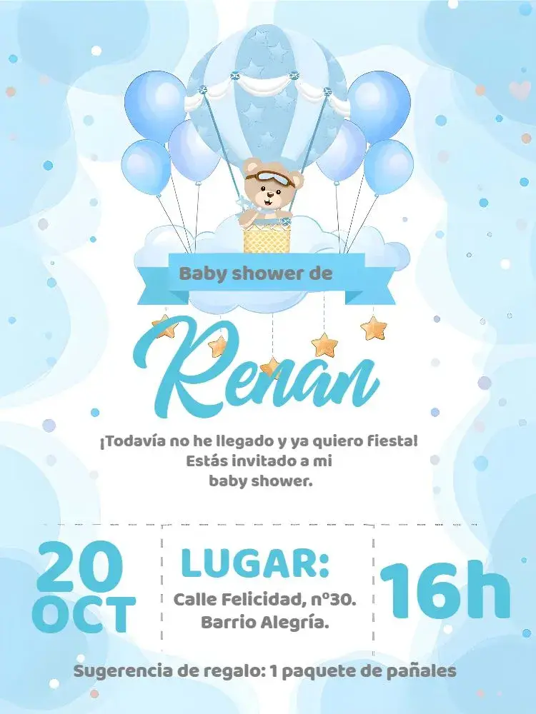 Invitación Baby Shower Osito Globos Aerostáticos Nube