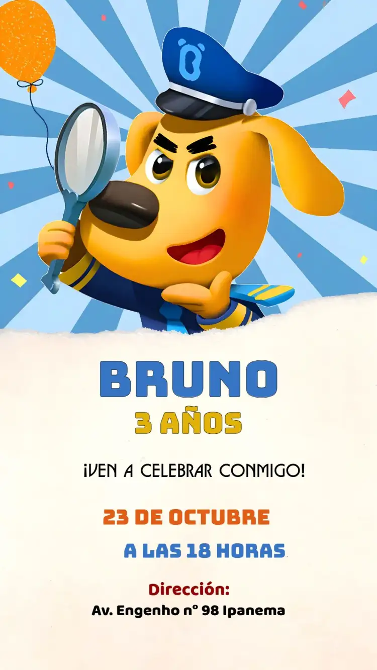 Invitación Detective Labrador Perro – tema Más buscados azul, lúdico, divertido, infantil, cachorro, detective