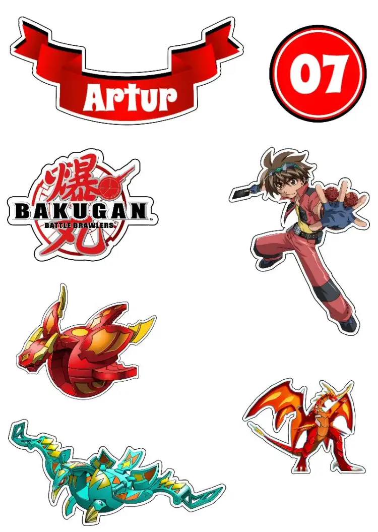 Invitación Topo De Pastel Bakugan Dinosaurio – tema Topper de torta vibrante, temática, moderno, divertido, colorido