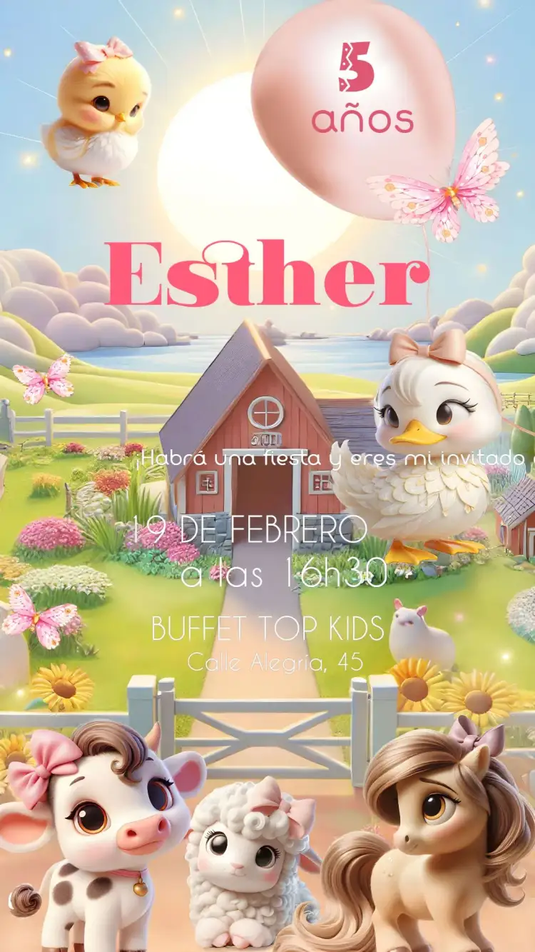 Invitación Granja Rosa Infantil – tema Más buscados rosa, rural, animales, divertido, colorido, infantil