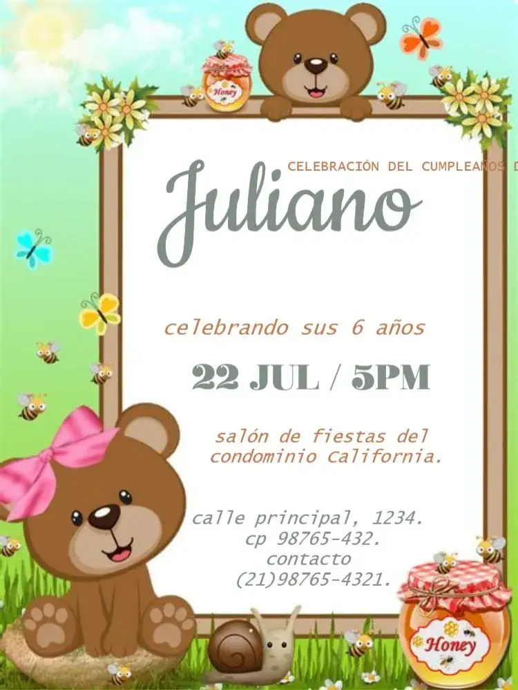 Invitación Oso Mel Para Editar Delicado – tema Cumpleaños Infantil delicado, floral, acuarela, verde, dorado, lúdico