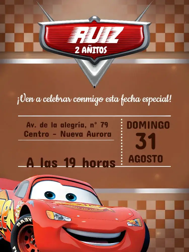 Invitación Relámpago Mcqueen Queen – tema Más buscados rojo vibrante, estilo moderno, elementos gráficos de coches, temática de velocidad, divertido y alegre