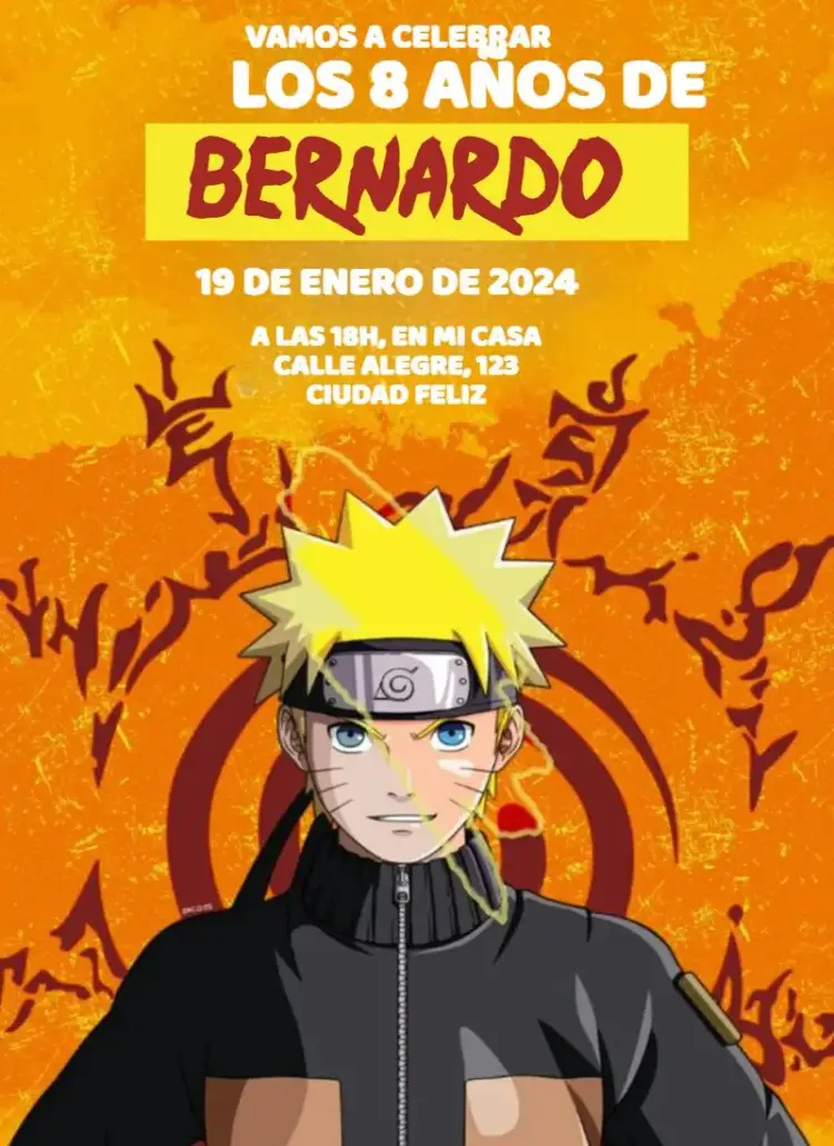 Invitación Naruto Shippuden – tema Cumpleaños Infantil colorido, anime, ninja, divertido, temático, jovial
