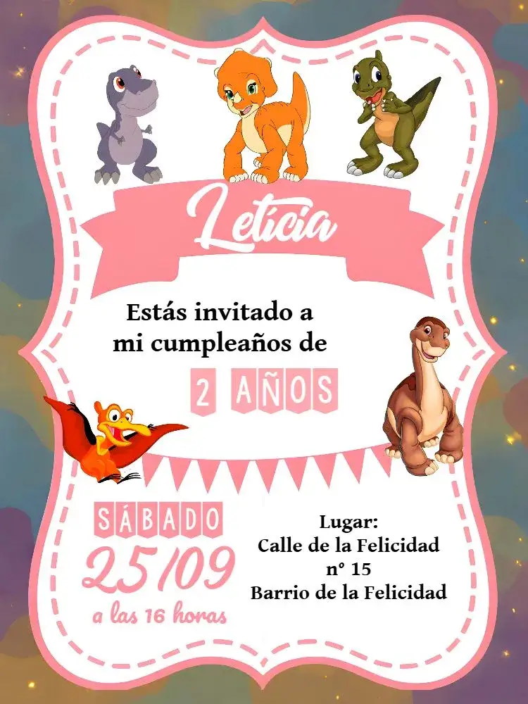 Invitación En Busca Del Valle Encantado Blanco – tema Cumpleaños Infantil blanco, verde, de fantasía, mágico, infantil, delicado
