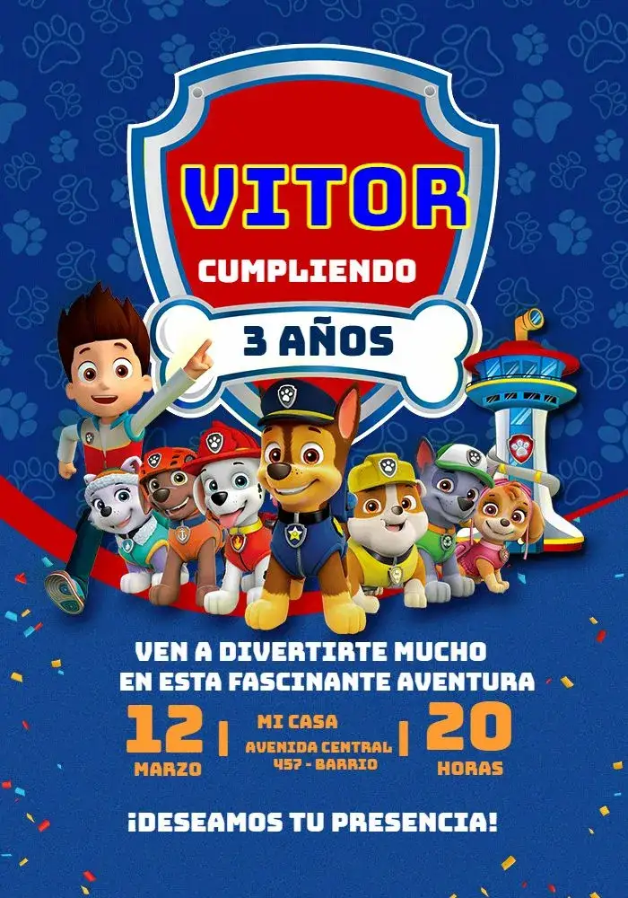 Invitación Patrulla Canina Azul Niño Patrol – tema Cumpleaños Infantil azul, divertido, infantil, colorido, temático