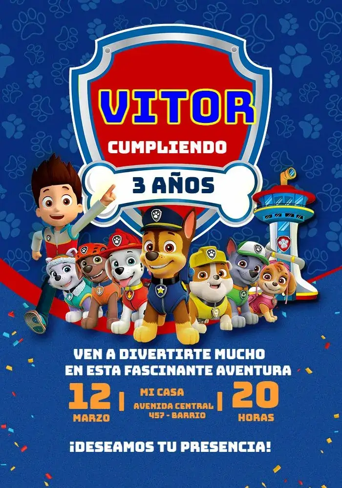 Invitación Patrulla Canina Azul Niño Patrol editable y personalizable
