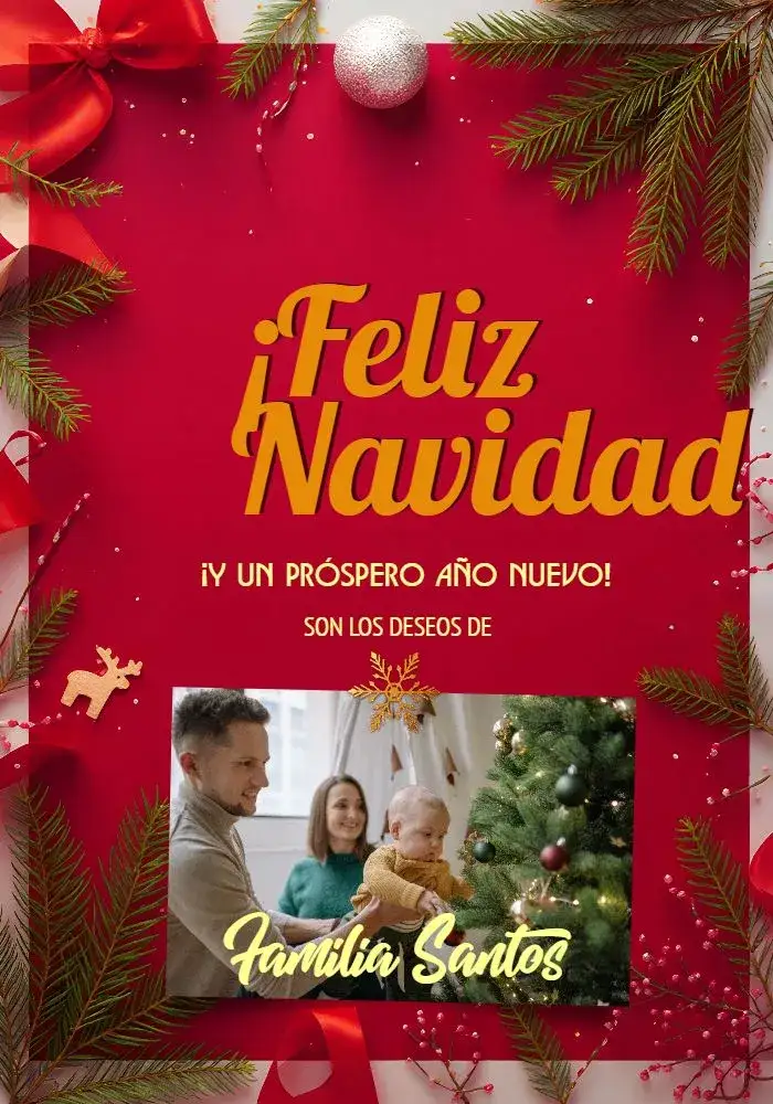 Invitación Tarjeta De Navidad Con Foto Regalos – tema Fechas Conmemorativas rojo, dorado, nieve, moderno, festivo, familiar