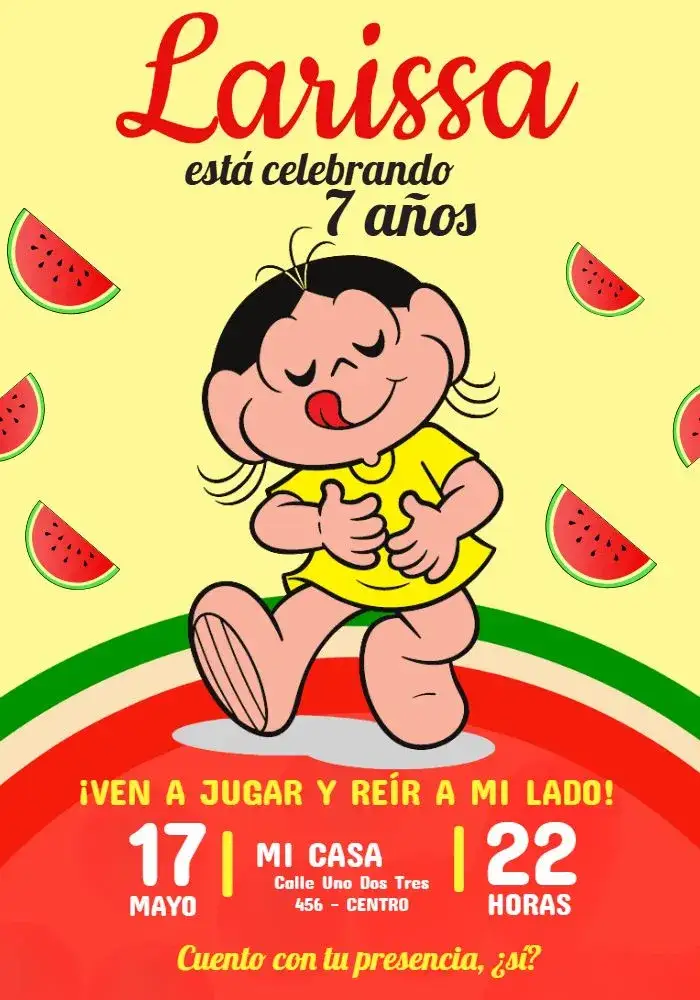 Invitación Magali Turma Da Mónica Sandía – tema Cumpleaños Infantil colorido, divertido, infantil, tropical, ilustración, juguetón