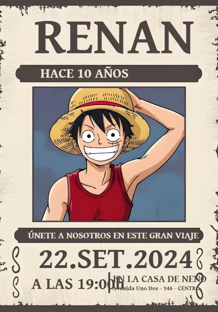 Invitación One Piece Wanted Onepiece – tema Más buscados aventura, pirata, marrón, anime, divertido, temático