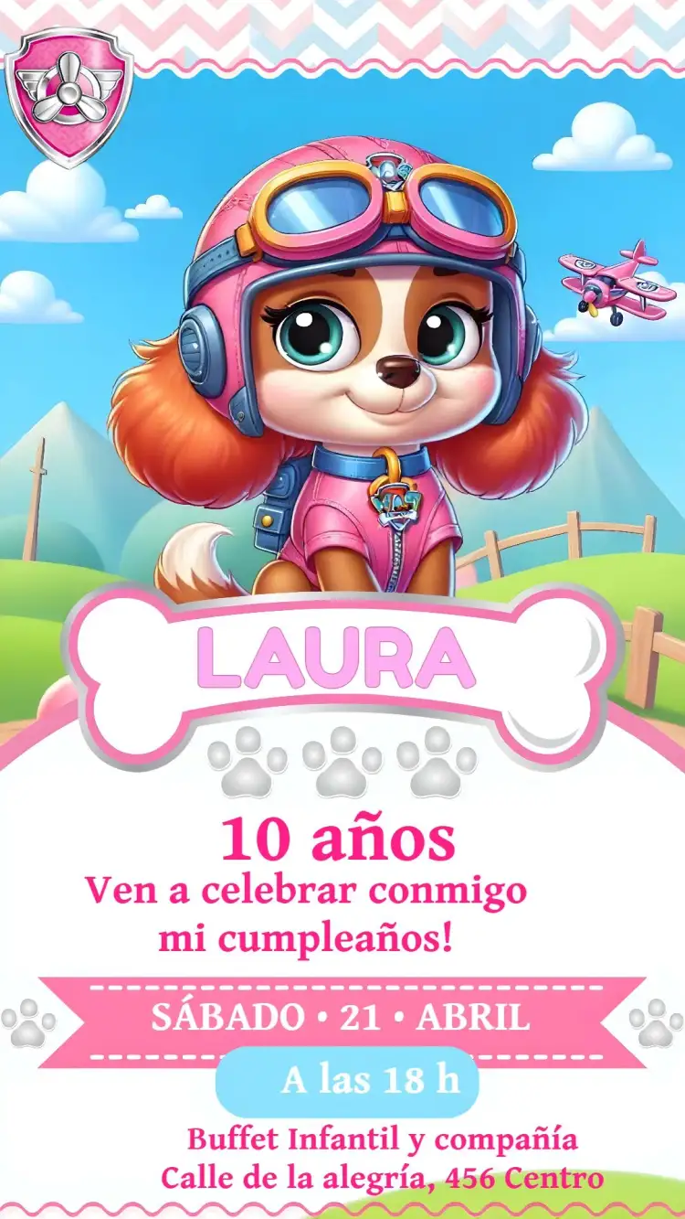 Invitación Patrulla Canina Rosa – tema Cumpleaños Infantil rosa, lila, divertido, infantil, colorido, temático