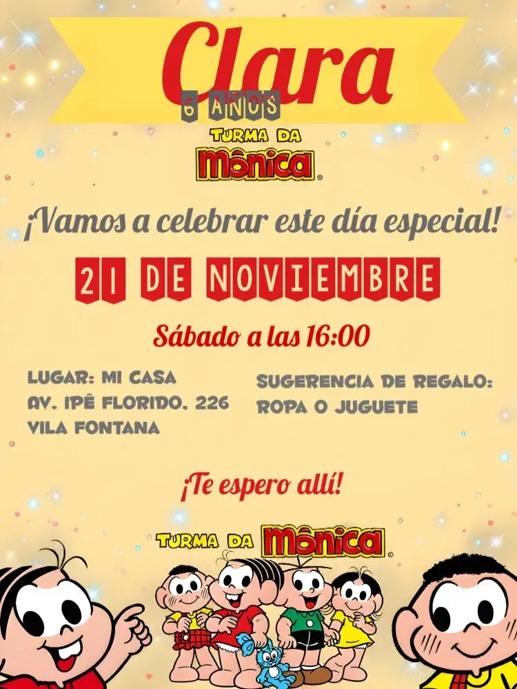 Invitación Turma De Mónica Blanca editable y personalizable