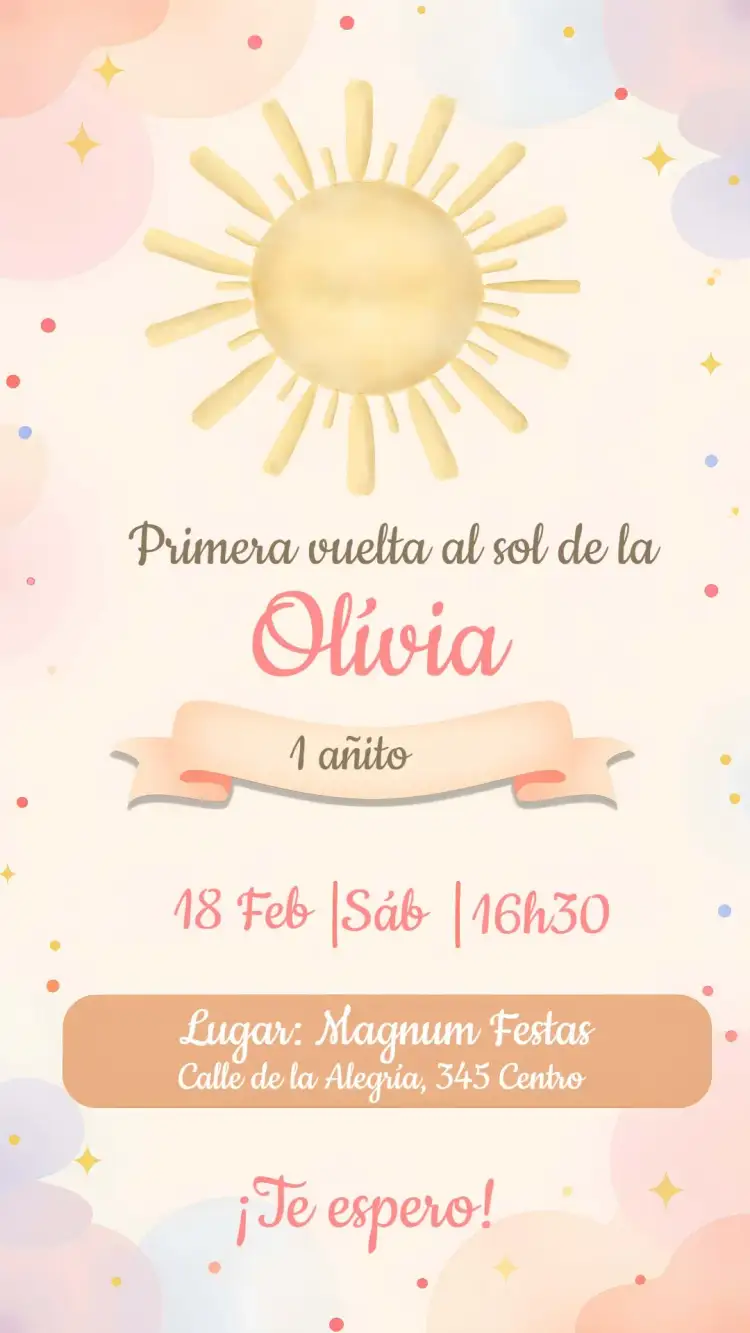 Invitación Primera Vuelta al Sol – tema Primera Comunión colorido, minimalista, lúdico, moderno, delicado, floral