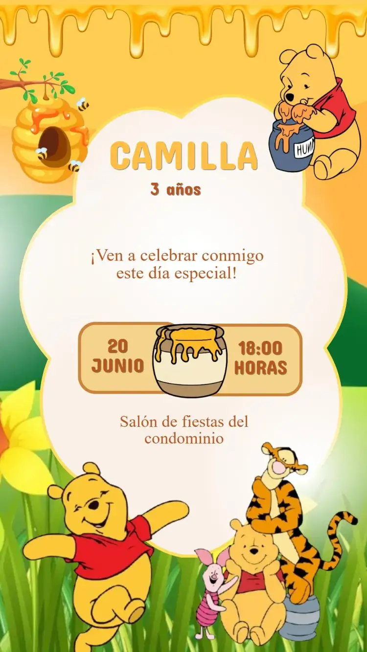 Invitación Invitación Cumpleaños Winnie the Pooh – tema Cumpleaños Infantil colorido, divertido, infantil, ilustraciones de animales, tema de cuento de hadas, juguetón