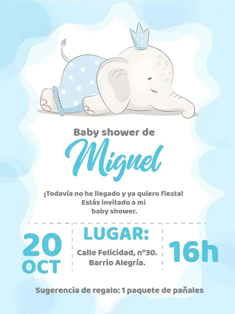 Invitación Baby Shower Elefantinho Tea – tema Baby Shower azul, blanco, divertido, infantil, elefantito, corona