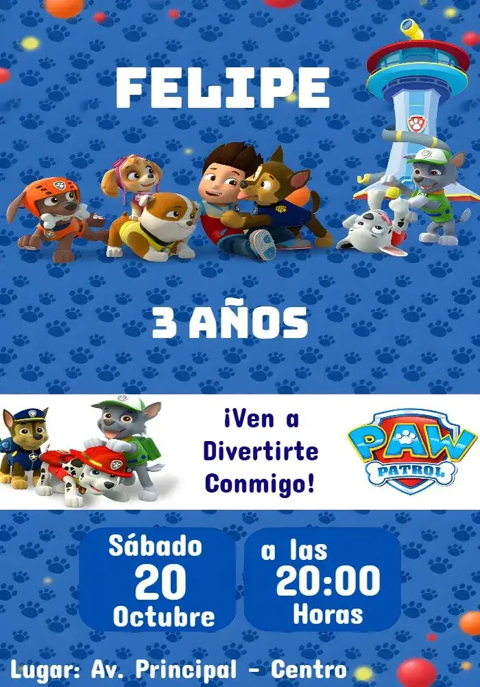 Invitación Patrulla Canina Patas – tema Cumpleaños Infantil colorido, infantil, temático, divertido, moderno