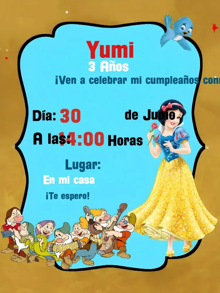 Invitación Blanca Nieves Roja – tema Cumpleaños Infantil rojo, azul, amarillo, lúdico, colorido, fantasía