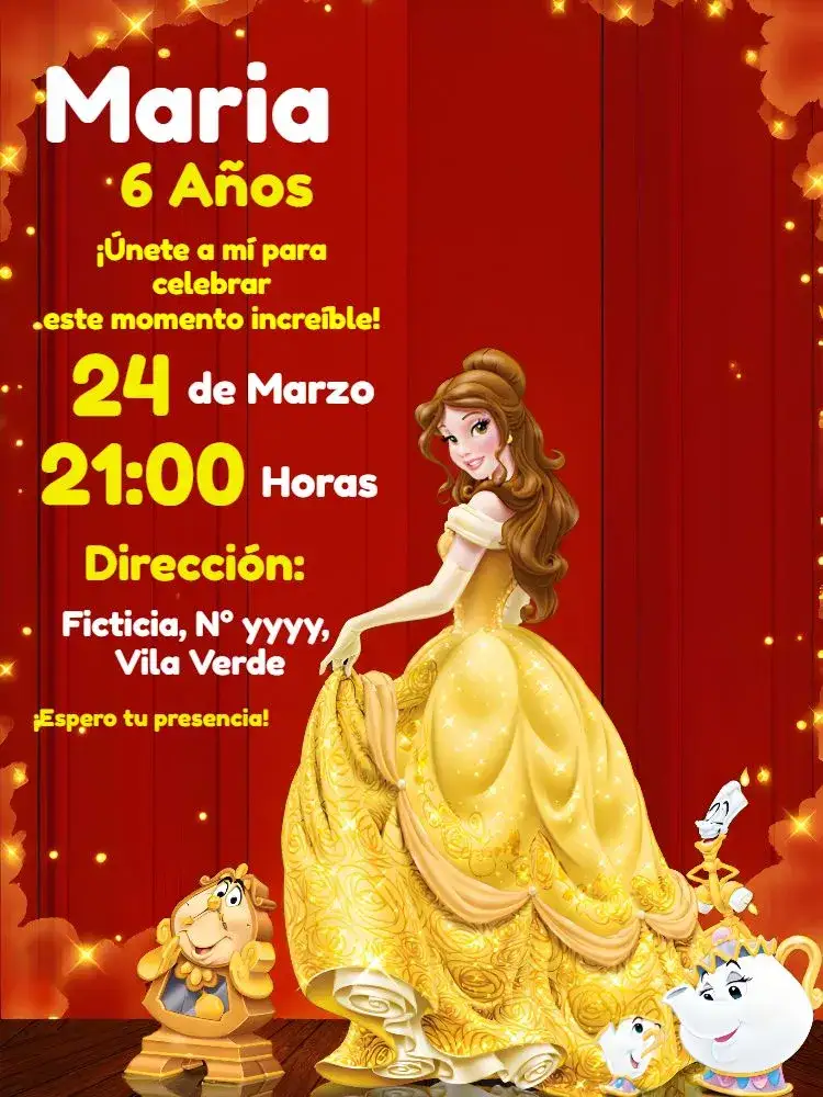 Invitación La Bella y la Bestia Marrón – tema Bautismo marrón, amarillo, blanco, clásico, mágico, elegante