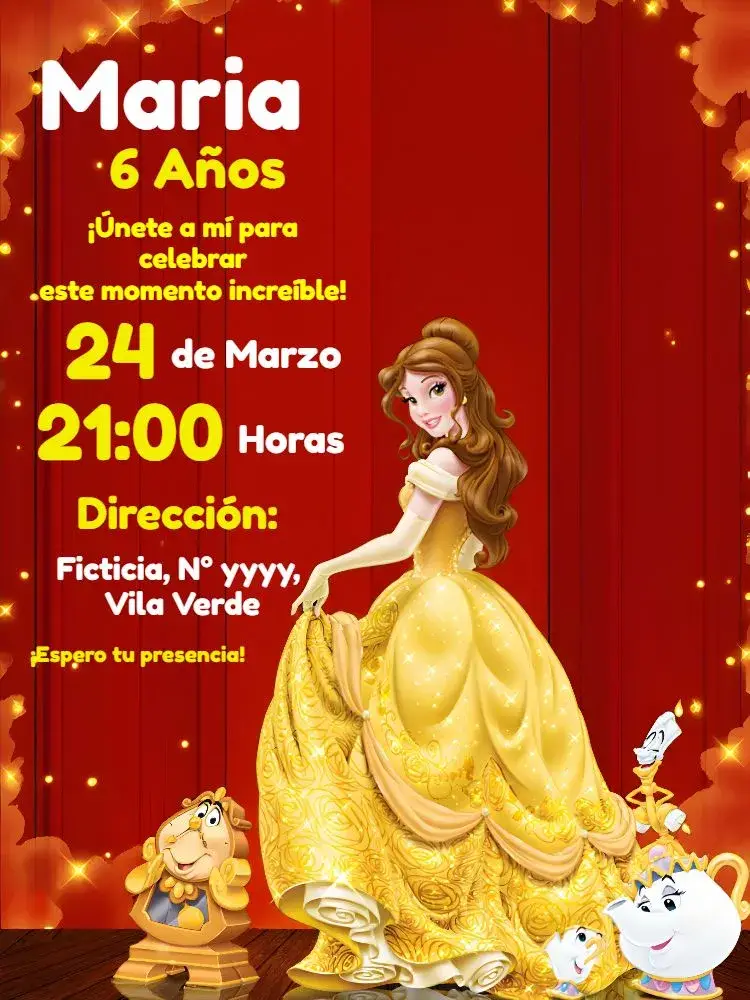 Invitación La Bella y la Bestia Marrón editable y personalizable