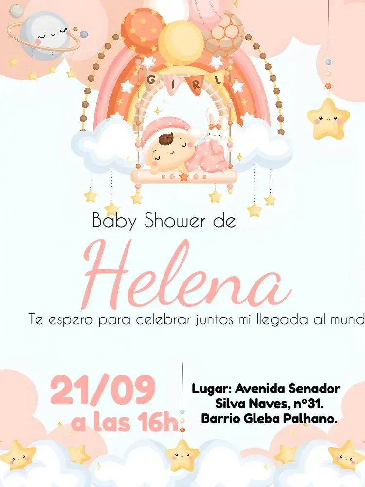 Invitación Baby Shower Niña Arcoíris Nube – tema Baby Shower arcoíris, nubes, estrellas, rosa y blanco, globos, mágico y encantador