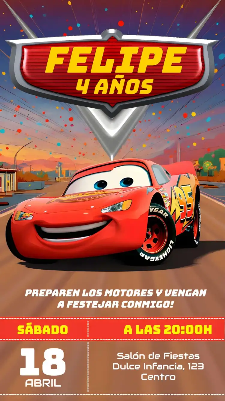 Invitación Carros Rayo McQueen – tema Más buscados colorido, divertido, infantil, temático, dinámico, moderno
