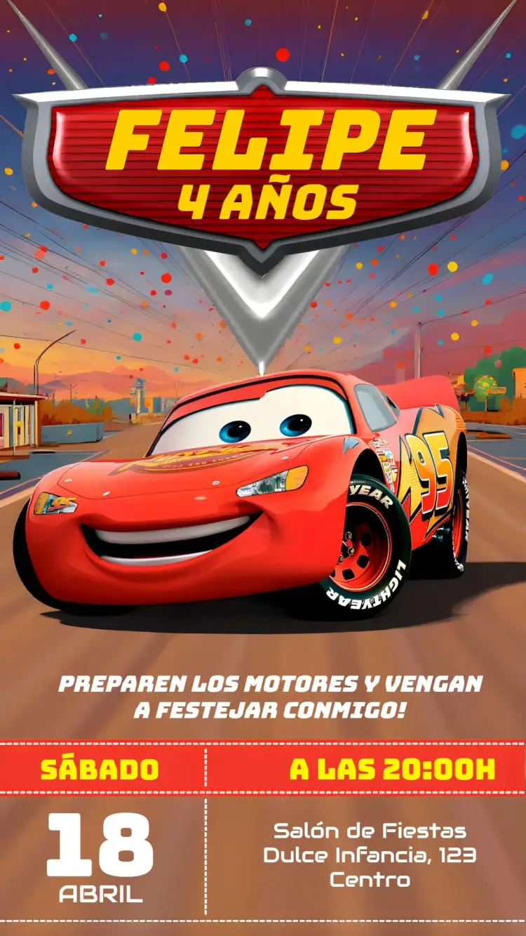 Invitación Carros Rayo McQueen editable y personalizable