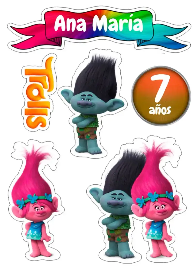 Invitación Topo De Pastel Trolls Coloridos – tema Topper de torta colorido, divertido, infantil, temático, vibrante