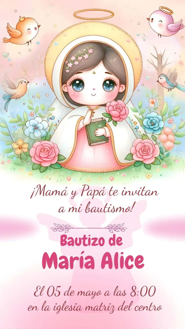 Invitación Invitación de Bautizo Niña Bautismo – tema Bautismo rosa, delicado, floral, moderno, minimalista