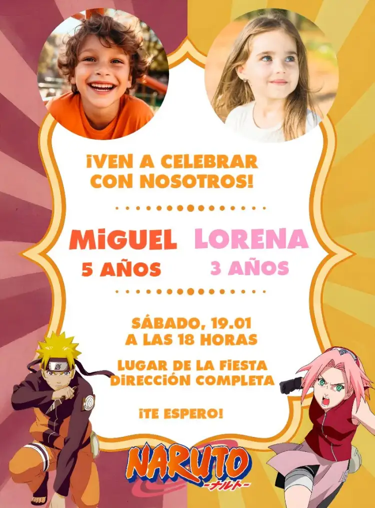 Invitación Doble Naruto y Sakura con Foto Niño – tema Cumpleaños Infantil anime, colorido, divertido, moderno, jovem