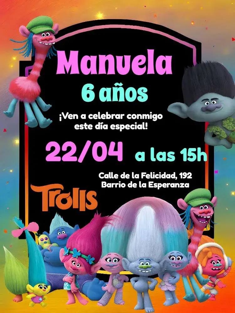 Invitación Trolls Colorido
