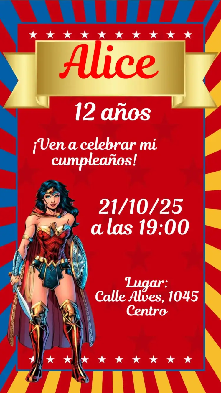 Invitación Mujer Maravilla – tema Cumpleaños colorido, heroico, moderno, vibrante, temático