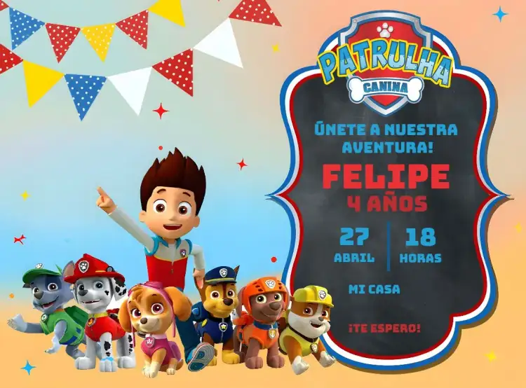 Invitación Patrulla Canina Azul – tema Cumpleaños Infantil azul, aventura, infantil, divertido, colorido, personajes