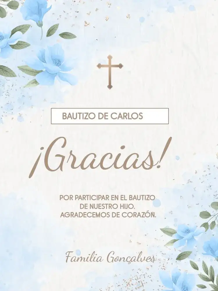 Tarjeta De Agradecimiento Presencia Bautizo Floral Azul Bebé